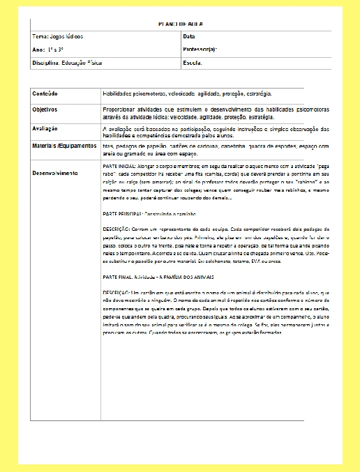 Plano de Aula • Ed Física – Jogos Lúdicos 6 – EF 1º a 3º ano