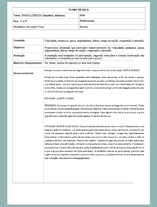 Plano de Aula • Ed Física – Jogos Lúdicos 4 – EF 2º a 6º ano