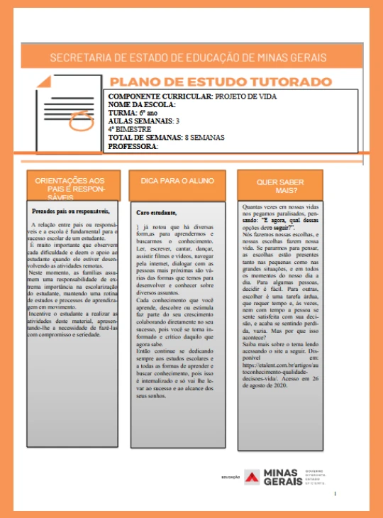 Projeto de Vida • Ensino Fundamental 6° ano