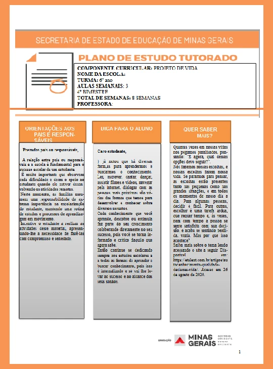 Projeto de Vida Fundamental 6° ano