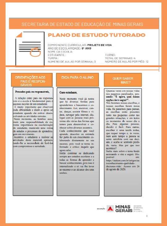 Projeto de Vida • Ens Fundamental 6° ano