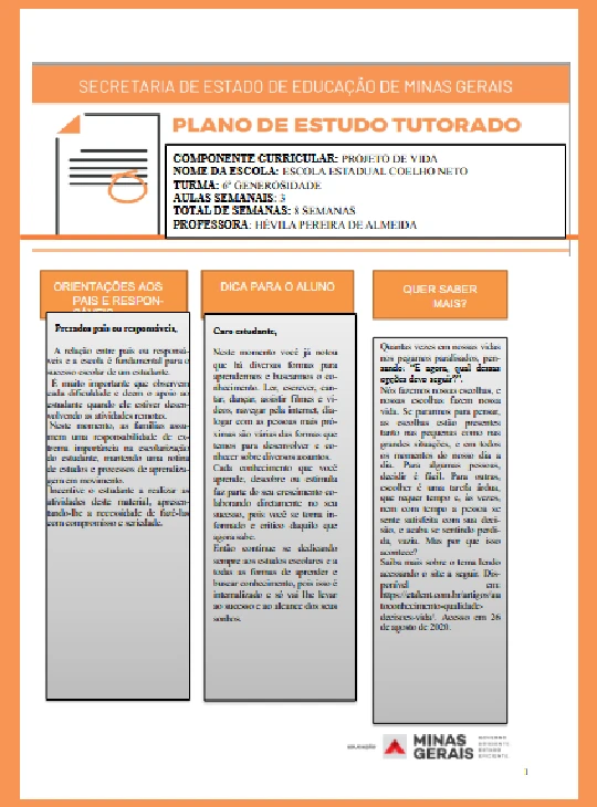 Projeto de Vida  Ens Fundamental 6° ano