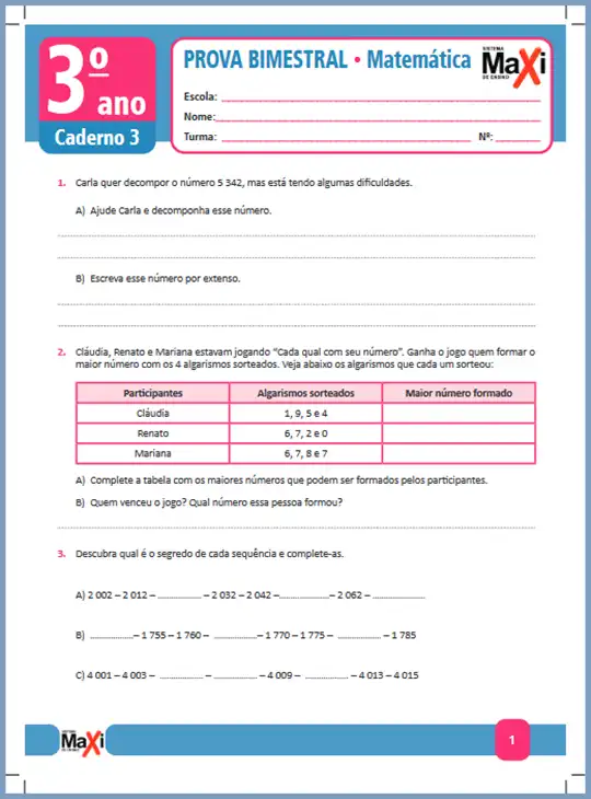 Prova • Matemática – 3º ano caderno 3 – Ens Fund 1