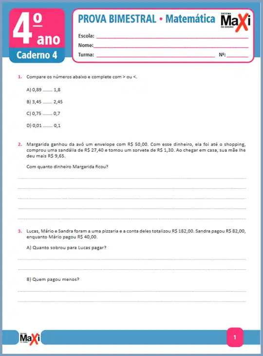 Prova • Matemática – 4º ano caderno 4 – Ens Fund 1