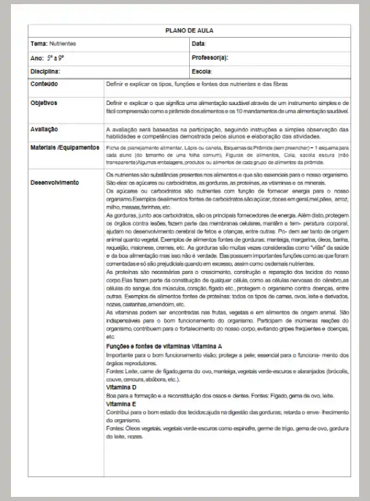 Plano de Aula • Nutrientes - 5º ao 9º Fundamental