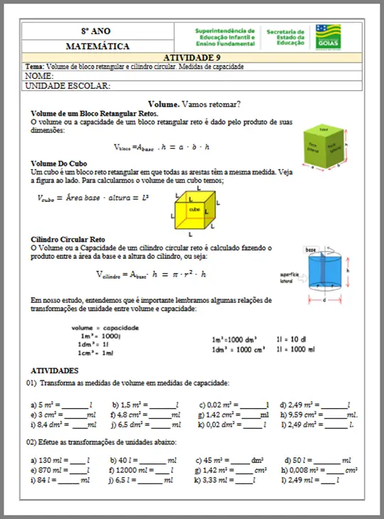 Atividades Matemática 8º ano EF2