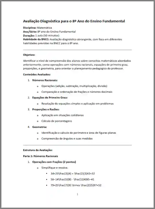 Avaliação Diagnóstica - Matemática 8º ano (gabarito)