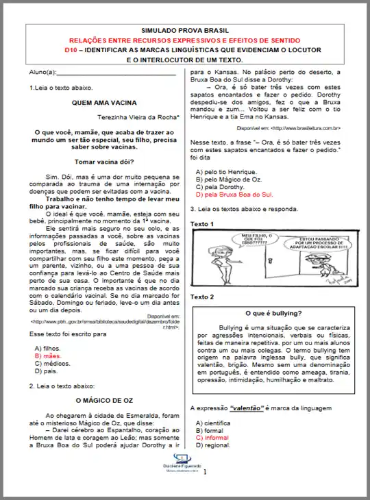 Prova Brasil - Simulado de Língua Portuguesa 5º ano - D10