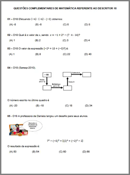 Questões - Matemática Descritores 18 e 23