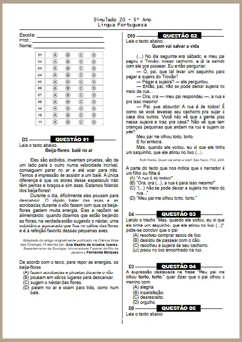 Simulado 20 – Língua Portuguesa 5º ano EF II