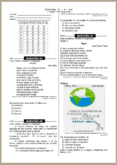 Simulado 21 – Língua Portuguesa 5º ano EF II