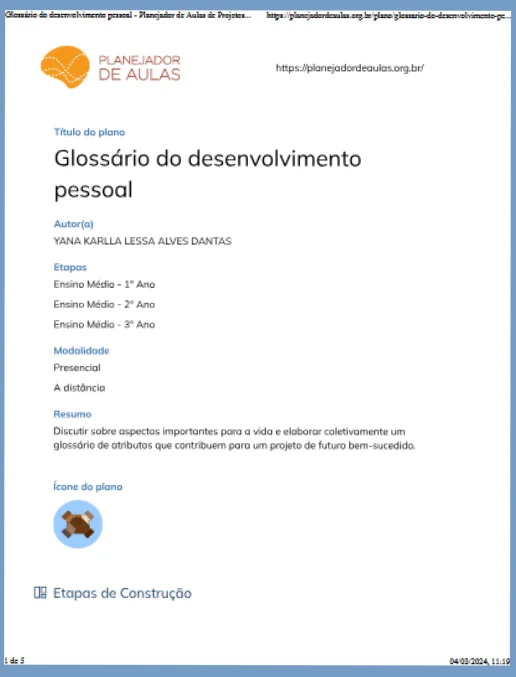 Plano de Aula • Glossário do desenvolvimento pessoal