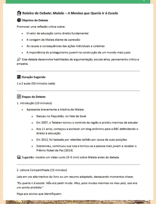 Plano de Aula • Roteiro de Debate - Malala