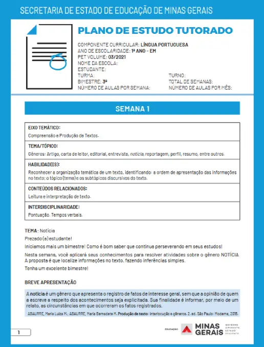 Plano de Estudo • Língua Portuguesa - Ensino Médio 1°Ano
