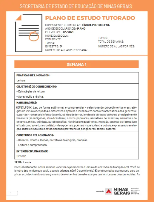 Plano de Estudo • Língua Portuguesa – Ensino Fundamental 6°Ano