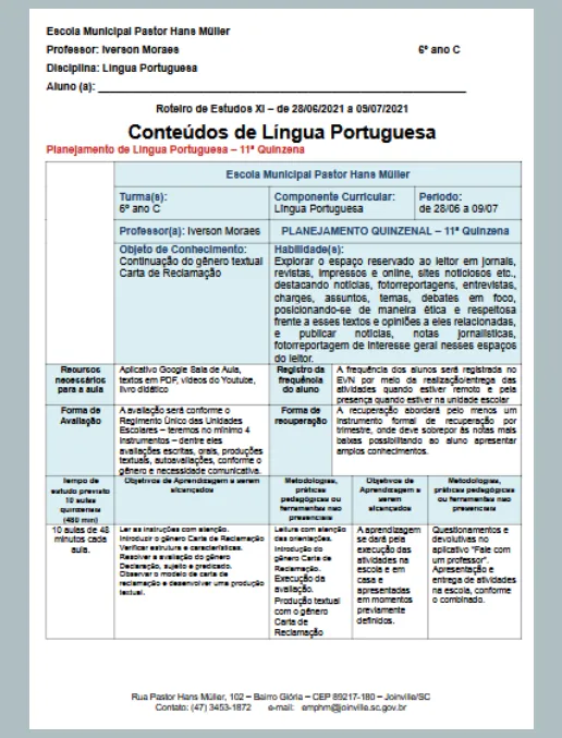 Planejamento e Atividades Língua Portuguesa - 6º Ano