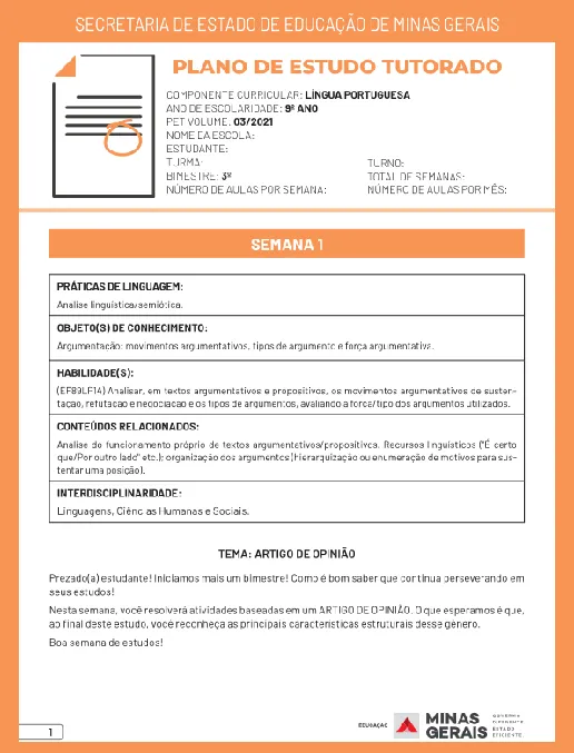 Plano de Estudo Tutorado – 9º ano EF Integral