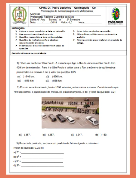 Avaliação - Matemática 6° ano Fundamental