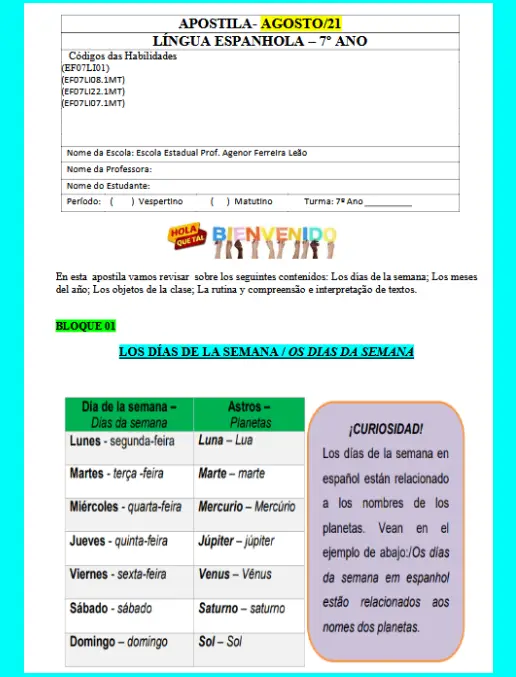 Espanhol - Días, Meses, Material escolar 7° ano