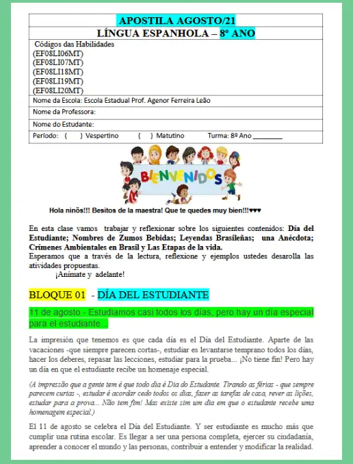 Espanhol - Culturas Lendas e Meio Ambiente - 8º Ano