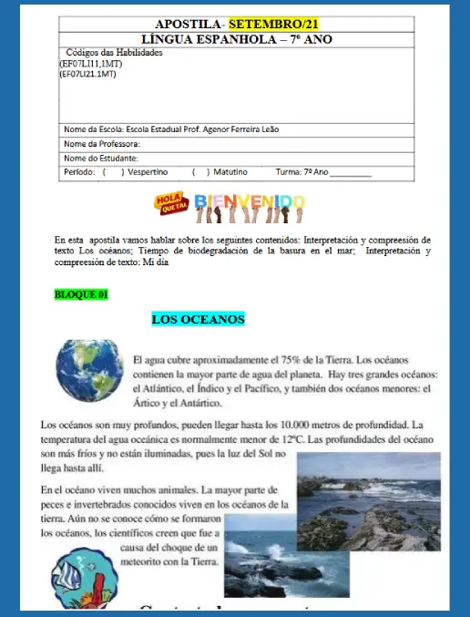 Espanhol – Medio Ambiente – 7° ano