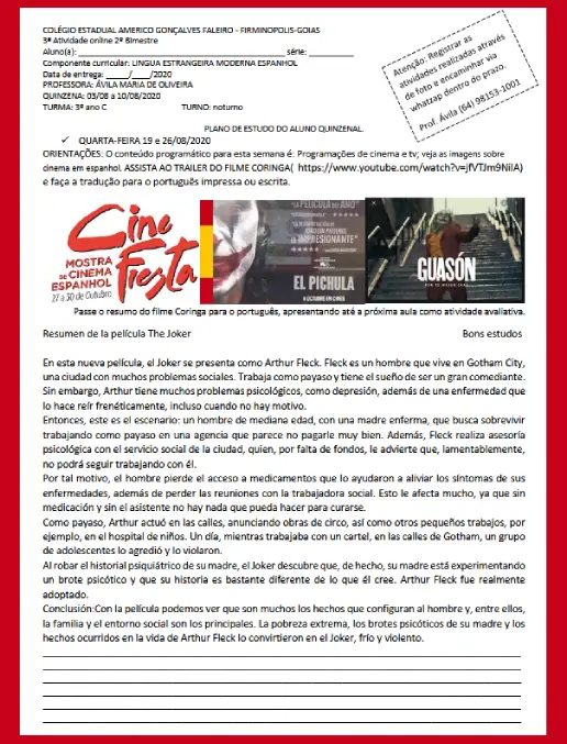 Espanhol - Análise e Tradução do Filme Coringa - 3º Ano