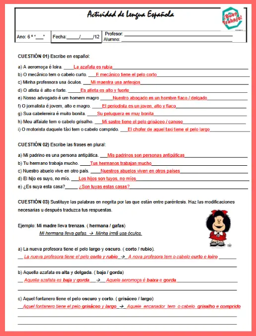 Espanhol - Actividad de Lengua Española - 6° Ano (gabarito)