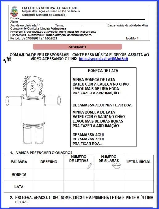 Alfabetização Cantiga Boneca de Lata 1º Ano