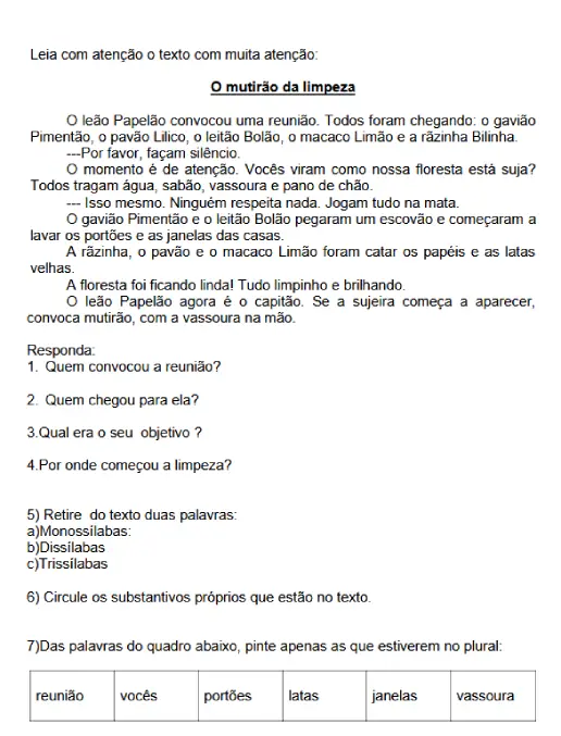 Atividade Pronta Interpretação de Texto e Gramática para Séries Iniciais