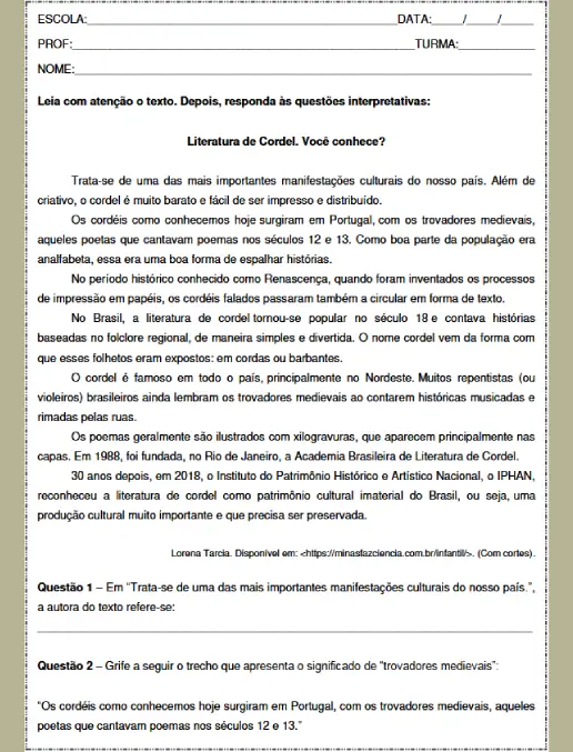 Atividade de Interpretação A História e a Cultura da Literatura de Cordel