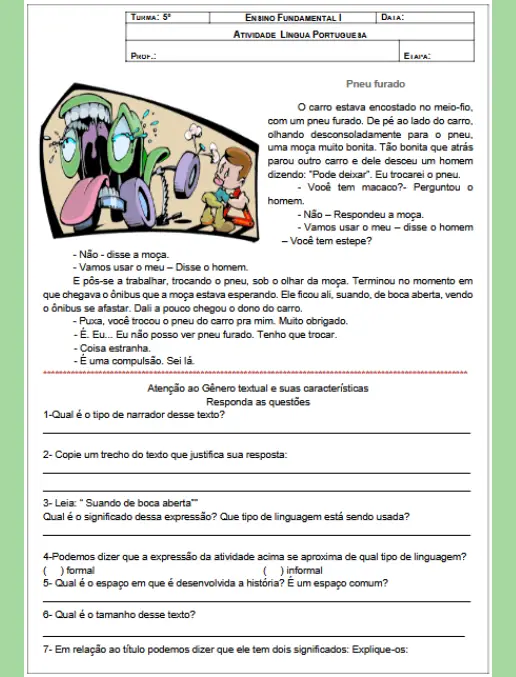 Atividade de Interpretação Texto e Gramática Crônica Pneu Furado