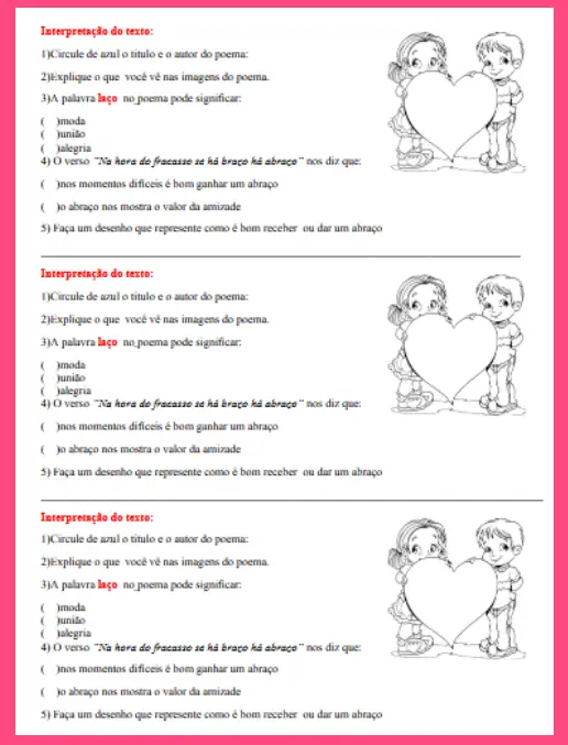 Atividade de Interpretação de Poema O Valor do Abraço e da Amizade