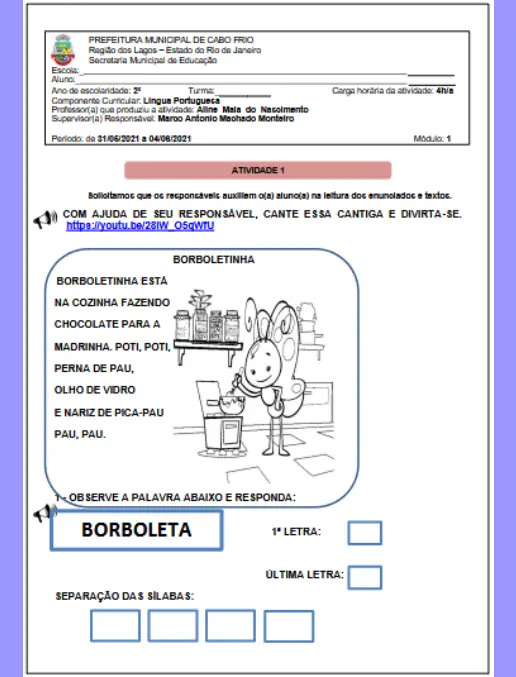 Atividades de Alfabetização Cantigas, Letras e Sílabas