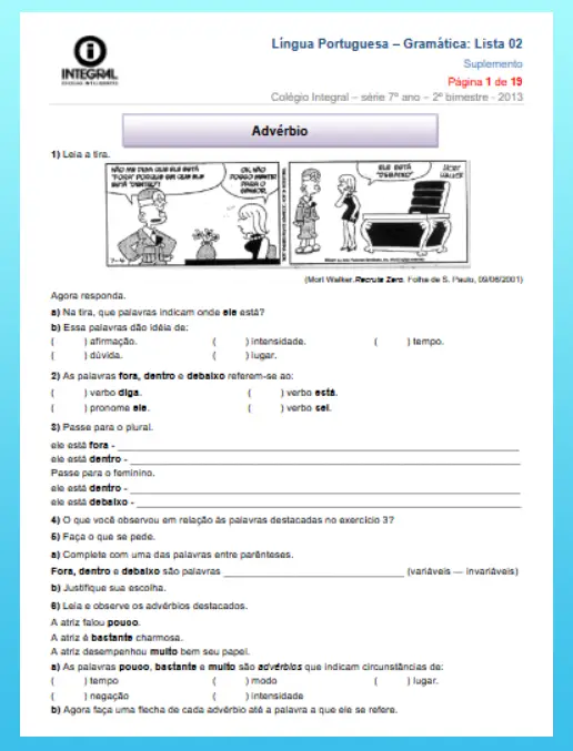 Atividades de Gramática - Advérbios, Preposições e Interjeições (7º Ano)