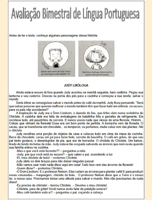 Avaliação de Português - Interpretação de Texto (Judy Moody) e Gramática