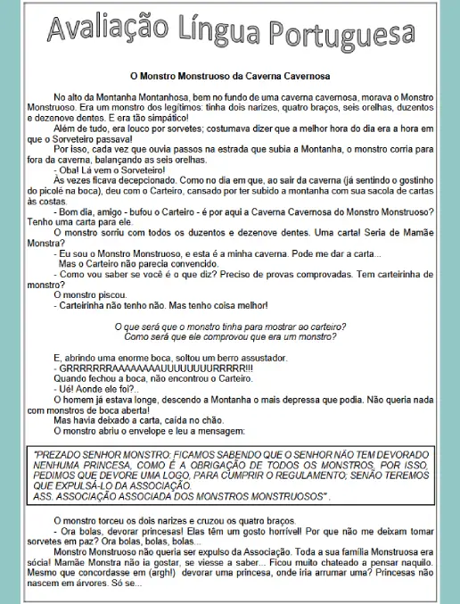 Avaliação de Português - Interpretação e Gramática com o Monstro Monstruoso