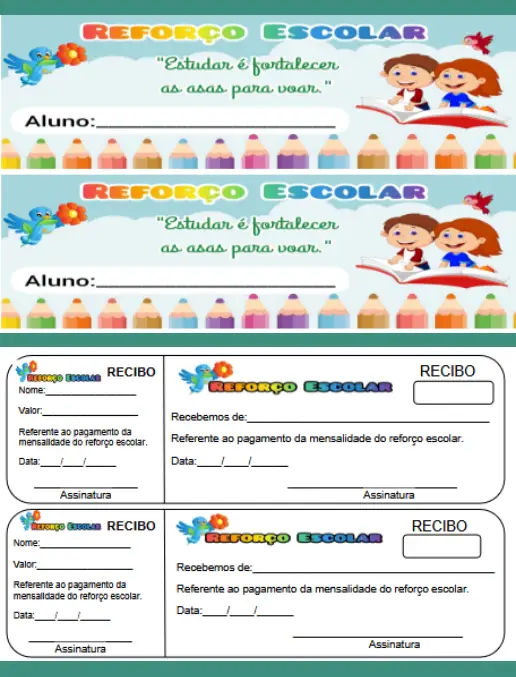 Modelo Prático de Carnê e Recibo para Mensalidade de Reforço Escolar