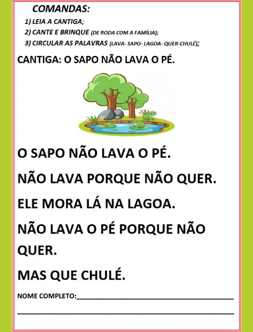 Sequência Didática de Alfabetização O Sapo Não Lava o Pé