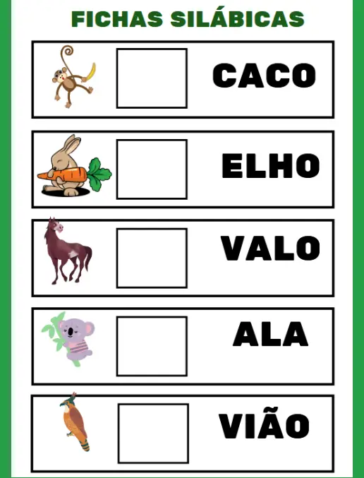 Fichas Silábicas para Alfabetização - Completando Nomes de Animais e Imagens