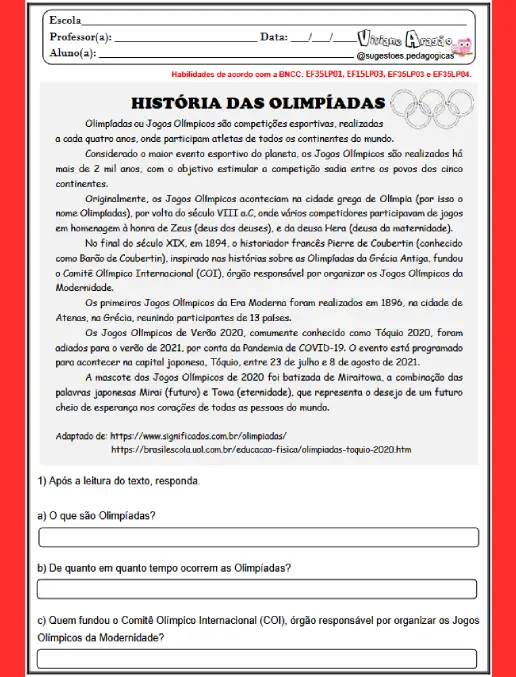 A História das Olimpíadas - Guia de Atividades para Sala de Aula