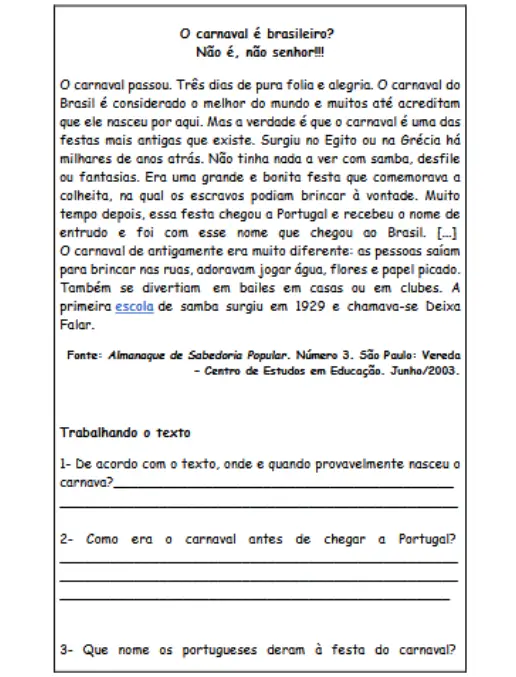 A História do Carnaval Interpretação de Texto e Ortografia 