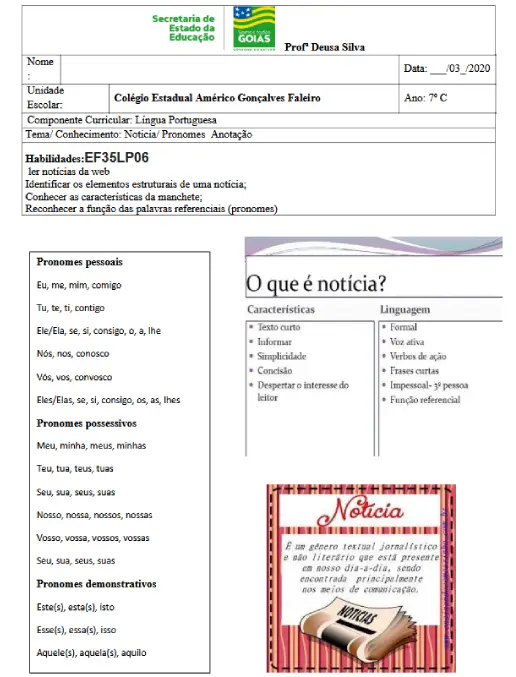 Atividade O Gênero Notícia e o Uso dos Pronomes