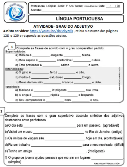 Atividade Prática Flexão e Grau do Adjetivo