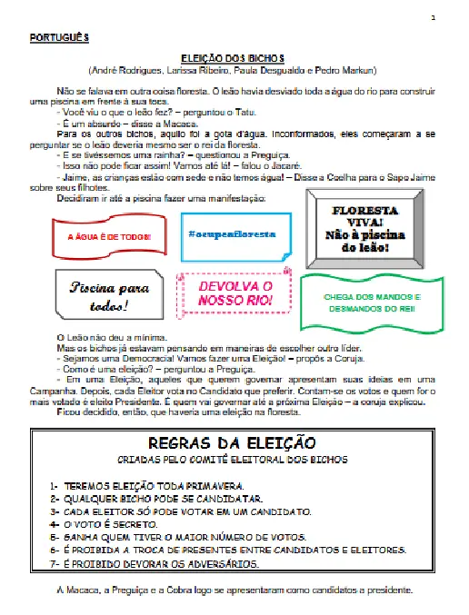 Atividade de Interpretação de Texto A Eleição dos Bichos