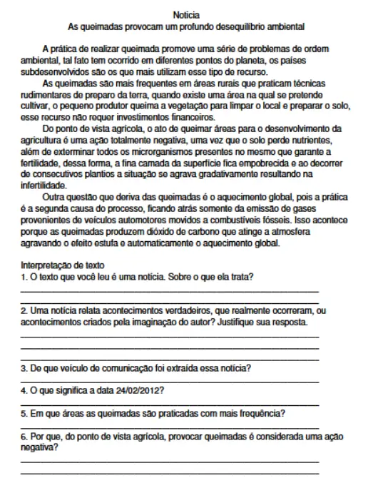 Atividade de Interpretação de Texto  As Queimadas e o Meio Ambiente