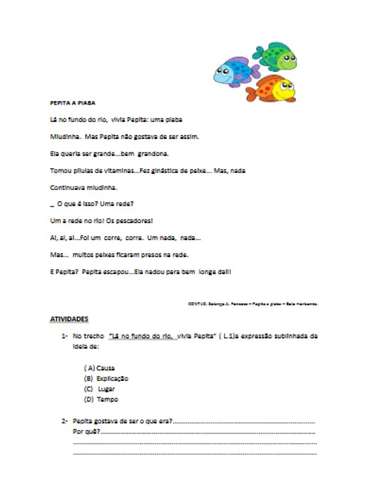 Atividade de Interpretação de Texto  Pepita, a Piaba