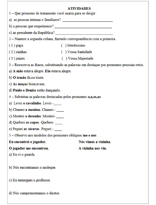 Atividades Práticas Pronomes de Tratamento e Pessoais
