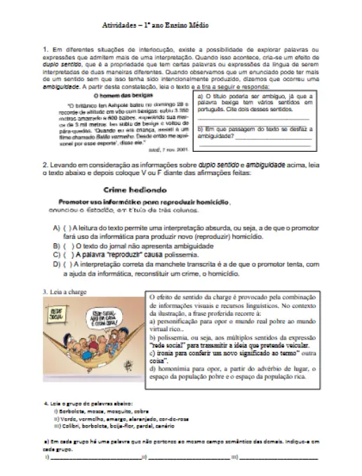 Atividades de Interpretação Ambiguidade, Polissemia e Variedade Linguística