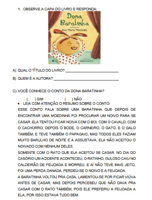 Atividades de Interpretação e Alfabetização Dona Baratinha e o ABC dos Animais