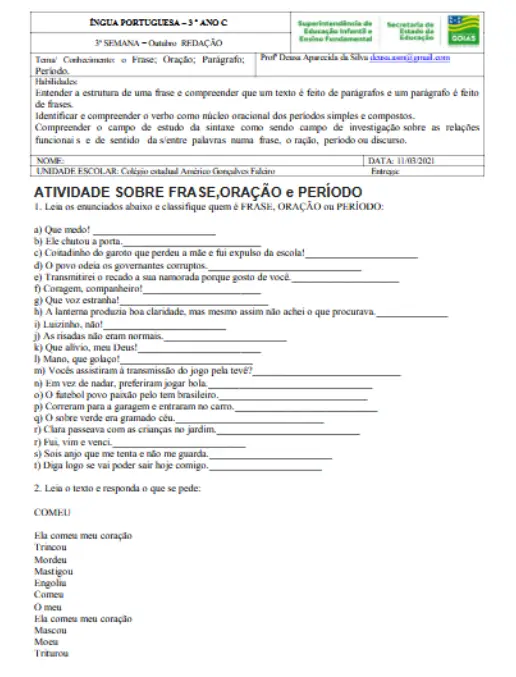 Atividades de Sintaxe Frase, Oração e Período (3º Ano)